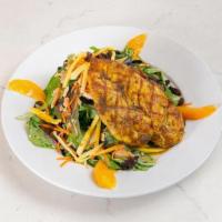 Chicken Curry Salad [Gf] · mixed greens, shaved carrots, mango, sliced oranges, jicama, raisins & toasted almonds; toss...