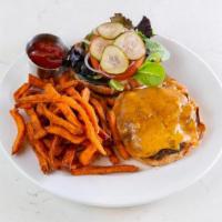 The (B) Burger · all-natural buffalo* with mixed greens, tomato, house-made pickles, red onion & choice of sw...