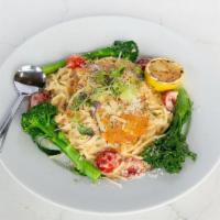 White Chicken Parm [Gf] · pan-seared chicken, lightly crusted with lemon pepper parmesan; served with gluten-free spag...
