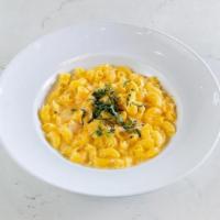 Gluten-Free Mac [Gf] [Veg] · gluten-free penne pasta with cream sauce, mozzarella, parmesan & cheddar cheese; topped with...