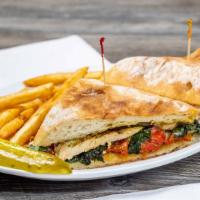 Italian Panini · Grilled chicken breast with roasted red peppers, spinach, roasted tomatoes, feta cheese and ...