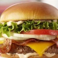 Bacon Cheddar · Applewood smoked bacon, cheddar cheese, lettuce, tomato, and sliced onion with our special s...