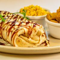 Brisket Burrito With Two Sides · A large flour tortilla filled with brisket, cheese, rice and grilled onion. Drizzle with BBQ...