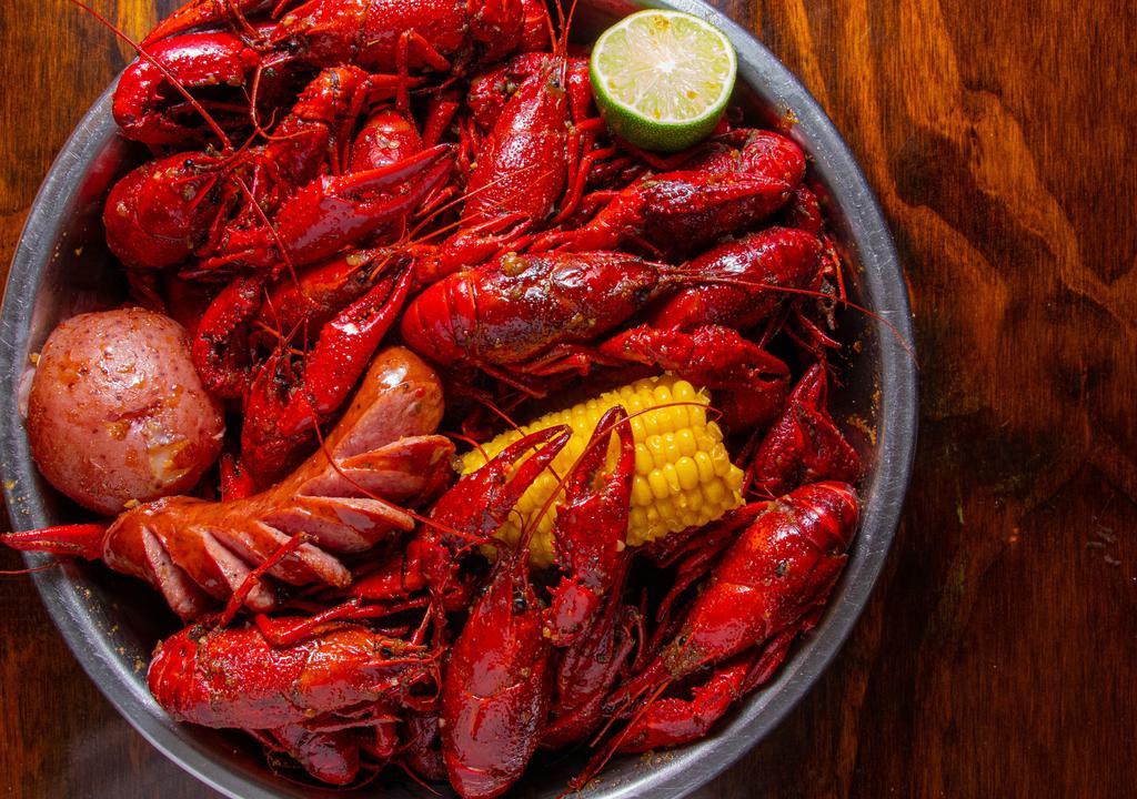 Crawfish (3 Lb) · This is what we’re world famous for guys and gals! Boiled up and rested in our huge stock pots to allow for all that goodness to soak into the Crawfish. Then shaken up just the way you like with one or a combination of our Garlic Butter, House Cajun Rub or Hot & Sour sauces when you order! Peel’em, eat’em and enjoy the experience with your favorite people! Most folks suck the head and lick their fingers to finish each of our perfectly cooked Crawfish off!