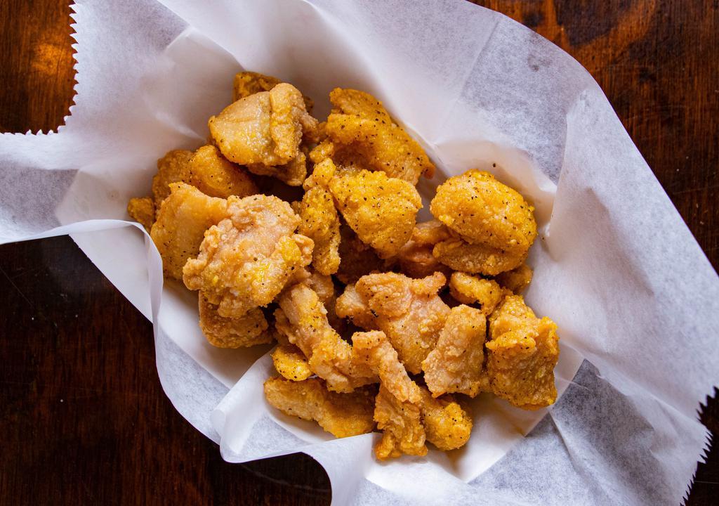 Chicken Bites · Tender dark meat chicken cutlets, lightly dusted in potato starch and deep fried to golden perfection, Tossed in your choice of one of our world famous dry rubs or sauces, Kids, adults and everyone enjoy these little bites!