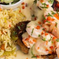 Pollo Marisco · Gulf shrimp and crawfish tails sauteed with white wine sauce, atop a grilled chicken breast ...