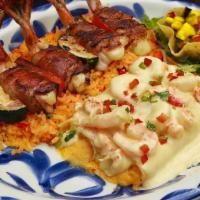 San Luis · (2) Cheese enchiladas topped with marisco sauce, four diablo shrimp.