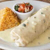 Burrito Con Queso · Stuffed with beef picadillo, rolled and smothered in chile con queso.