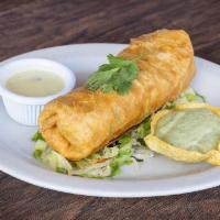 The Jimmy Changa · Flour tortilla rolled with rotisserie chicken & cheese, lightly fried -- served with avocado...