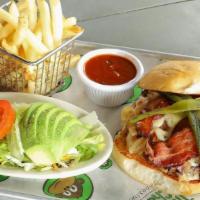 Pablo'S Burger · 1/2lb ground sirloin burger loaded with grilled onions, bacon, cheese, avocado, lettuce, tom...