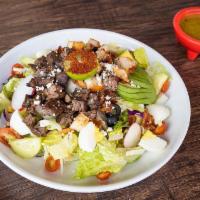Machete Salad · Sliced, diced and tossed - fajita chicken, crispy bacon, tomatoes, boiled eggs, black olives...