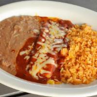 Kid'S Cheese Enchilada · Cheese enchilada topped with chili con carne or queso - served with Spanish rice and refried...