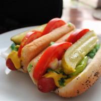Chicago-Style Hot Dog · Poppyseed bun, beef hot dog, yellow mustard, pickle, onion, tomato slices, sport peppers, an...