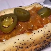 San Antonio Dog
 · Poppyseed bun, beef hot dog, Mexican style guiso (tomatoes, onion, and bacon), mayo, yellow ...