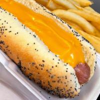 Cheese Dog · Poppyseed bun, beef hot dog, and cheddar cheese.