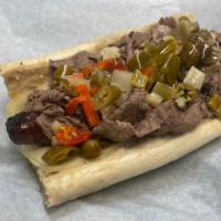 Beef & Sausage · Homemade beef on top of an Italian sausage served on French bread your choice of mozzarella ...