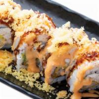 Oki Signature Roll - Cooked · Shrimp tempura, creamcheese, crabmeat, avocado inside with crabmeat, tempura crunchy, eel sa...