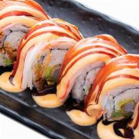 Sunrise Roll - Cooked · Shrimp tempura, crabmeat, avocado inside with crabstick, eel sauce, spicy mayo on top