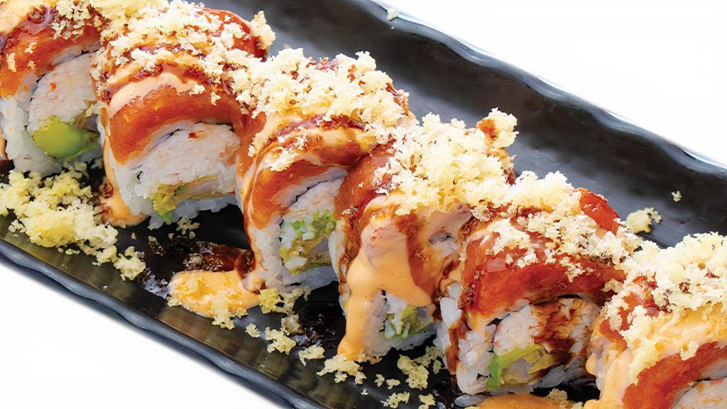 Fire Roll - Raw · Shrimp tempura, crabmeat, avocado inside with spicy tuna, tempura crunchy, eel sauce, spicy mayo on top