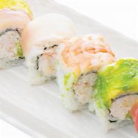 Rainbow Roll - Raw · Crabmeat, avocado, cucumber inside with tuna, salmon, yellowtail, cooked shrimp, avocado on ...