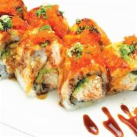 Baked Salmon Roll - Cooked · Crabmeat, avocado inside with baked salmon, tobiko, eel sauce on top