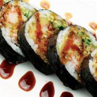 Shrimp Tempura Roll - Cooked · Crabmeat, avocado, cucumber, shrimp tempura, with eel sauce on top