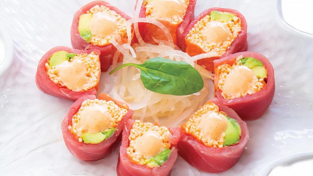 Red Rose Roll - Raw (No Rice) · Spicy crabmeat, avocado wrapped with soy paper and tuna with ponzu sauce, spicy mayo on top