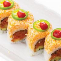 Double Fire Roll - Raw  · Spicy tuna, cucumber inside with spicy crabmeat, serrano, sriracha on top
