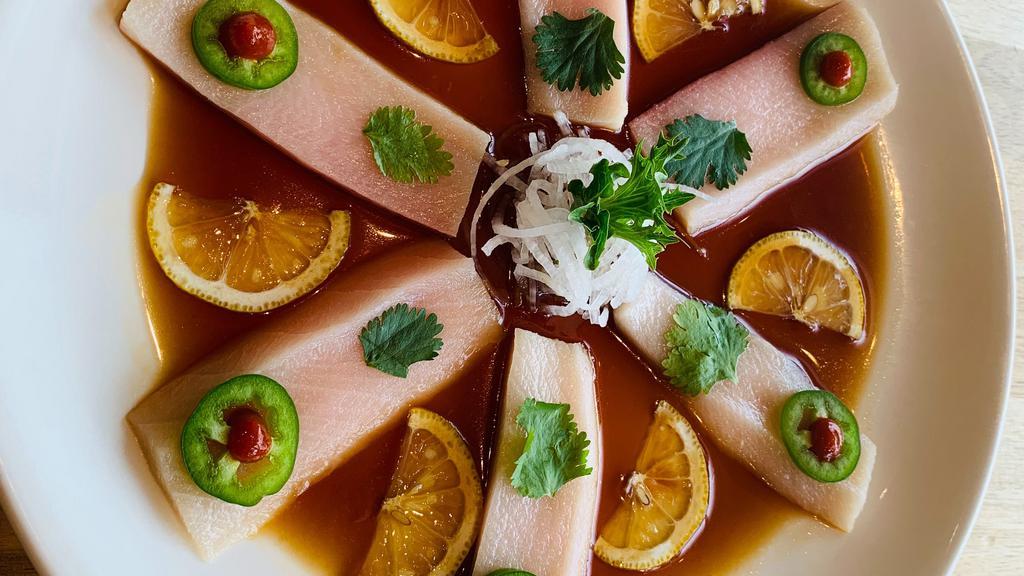 Serrano Yellowtail Sashimi - New · Yellowtail sashimi with sliced serrano, cilantro, sriracha on top, cover with ponzu sauce