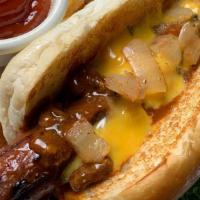 Chilli Cheese Dog · Nathan's hot dog topped with chili, cheddar cheese and chopped onions.