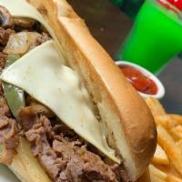 Philly Cheesesteak Sandwich · A grilled steak served on a hoagie roll, topped with Swiss cheese, mushrooms, bell peppers, ...