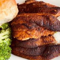 Blackened Catfish · 3 fillets in-house spice blend flat grilled. Your choice of 2 sides.