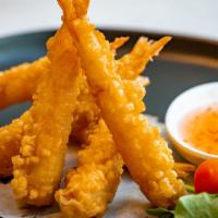 Shrimp Tempura (6) · Traditional Golden Japanese style shrimp tempura fried to perfection in pure 100% soybean oil