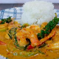 C5 Prik Gang · Spicy Stir-fried choice of protein in red curry paste with creamy coconut milk, Serrano pepp...