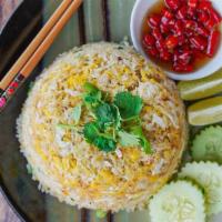 R6 Crab Fried Rice · Much beloved Thai stir-fried rice with lumps of crab, egg, chopped green onion, with sides o...