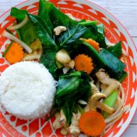 R3 Vegetable Stir-Fried · Healthy selection with your choice of protein stir fried w/ Chinese broccoli, yellow onion, ...