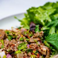 J2 Nam Tok Salad · Choice of sliced protein. Nam Tok is a little more of spicy, citrusy, salty, and sweet mixed...
