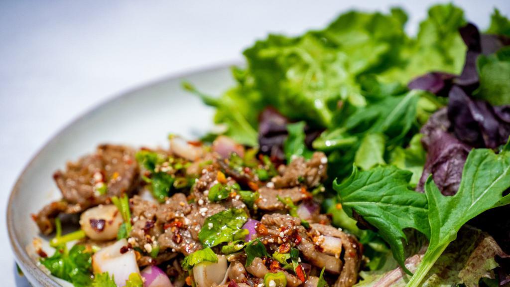 J2 Nam Tok Salad · Choice of sliced protein. Nam Tok is a little more of spicy, citrusy, salty, and sweet mixed with chopped red onions, chopped green onions, and toasted rice powder. Serve with fresh spring mixed and green leaf lettuce and side of rice.