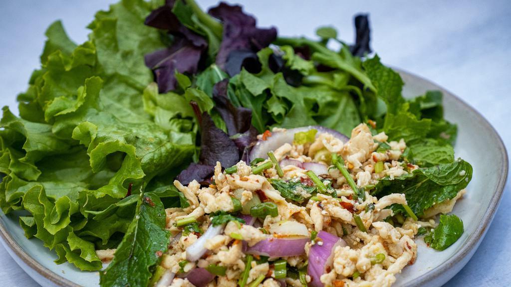 J1 Larb Salad · Choice of ground protein. Larb is a little bit of spicy, citrusy, salty, and sweet mixed with mint, chopped red onions, chopped green onions, and toasted rice powder. Serve with fresh spring mixed and green leaf lettuce and side of rice