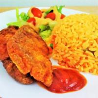 Fish Plate Combo · Two pieces of fried fish with Rice and Beans.