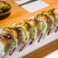King Dragon Roll · Baked.  California roll topped with baked eel, avocado (eel sauce).