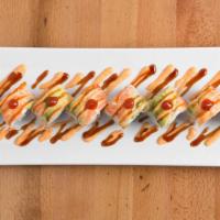 Tiger Roll · Shrimp tempura, crabmeat, avocado, topped with sushi shrimp (eel sauce, spicy mayo, sriracha).