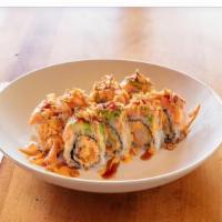 Lion King Roll · Shrimp tempura, spicy crabmeat, cucumber topped seared salmon, avocado, crunch onion(eel, sp...