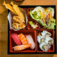 Sushi Bento Box  · Served 3pieces of Gyoza & 2pieces shrimp tempura
4pieces california roll
house salad & miso ...