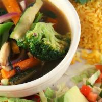Vegetable Soup · Broccoli, zucchini, mushroom, carrots, potatoes, bell pepper and spinach.