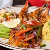 Tilapia & Diablo Shrimp · Blackened tilapia fillet with 3 large grilled shrimps with rice and charro beans. Served wit...