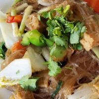 Pad Woon Sen · Stir-fried glass noodles with egg, celery, bell pepper, carrot, Napa cabbage, mushroom, garl...