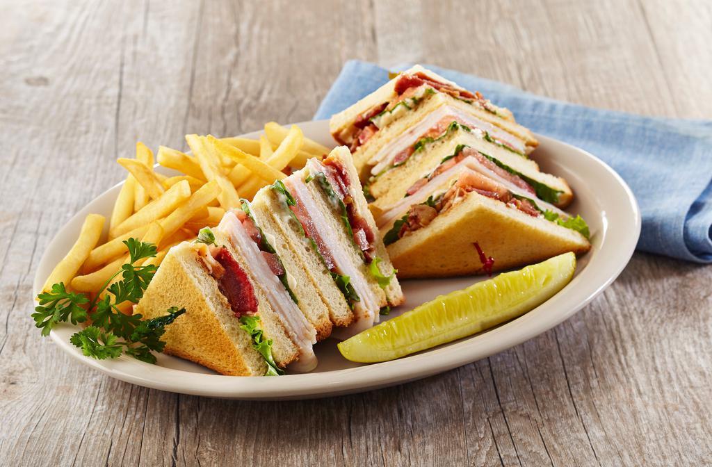 Clubhouse Sandwich · Triple-decker with sliced turkey, bacon, lettuce, tomato and mayonnaise on toasted country white bread.