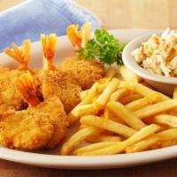 Fried Shrimp Platter · Lightly breaded, golden brown shrimp served with French fries, coleslaw and Texas toast.