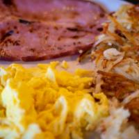 Classic American Breakfast · Your choice of applewood smoked bacon, patty sausage, Virginia smoked ham, turkey sausage, o...